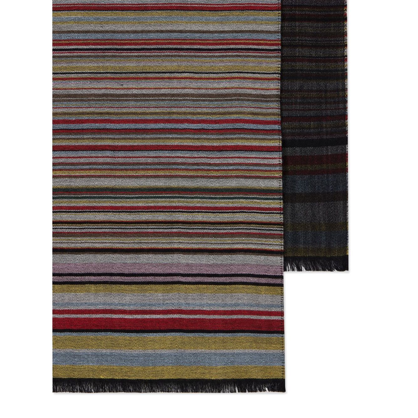 Paul Smith Signature Stripe wool and silk scarf in dark red with frayed edge and wraparound style displayed on white background