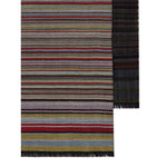 Paul Smith Signature Stripe wool and silk scarf in dark red with frayed edge and wraparound style displayed on white background