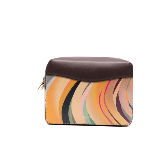 Paul Smith Swirl leather crossbody bag in dark brown calf leather with colorful swirl pattern, adjustable shoulder strap, size 19x14x6cm.