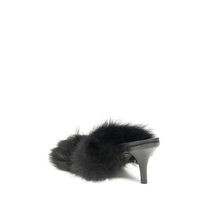 Pedro García Black Leather Stiletto Heel Sandals with fur-trimmed design and elegant stiletto heel, perfect for glamorous evening looks.