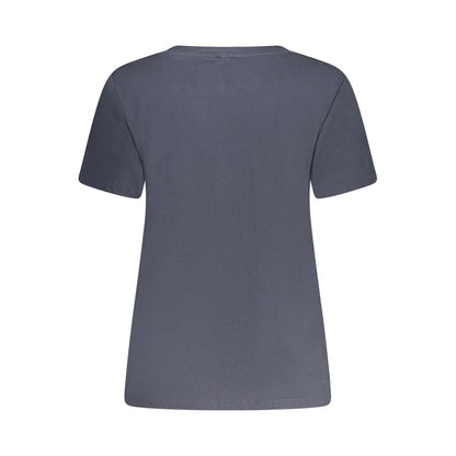 Back view of Pepe Jeans Blue Cotton Women T-Shirt, showcasing short sleeves and classic crew neck in sustainable 100% cotton fabric.