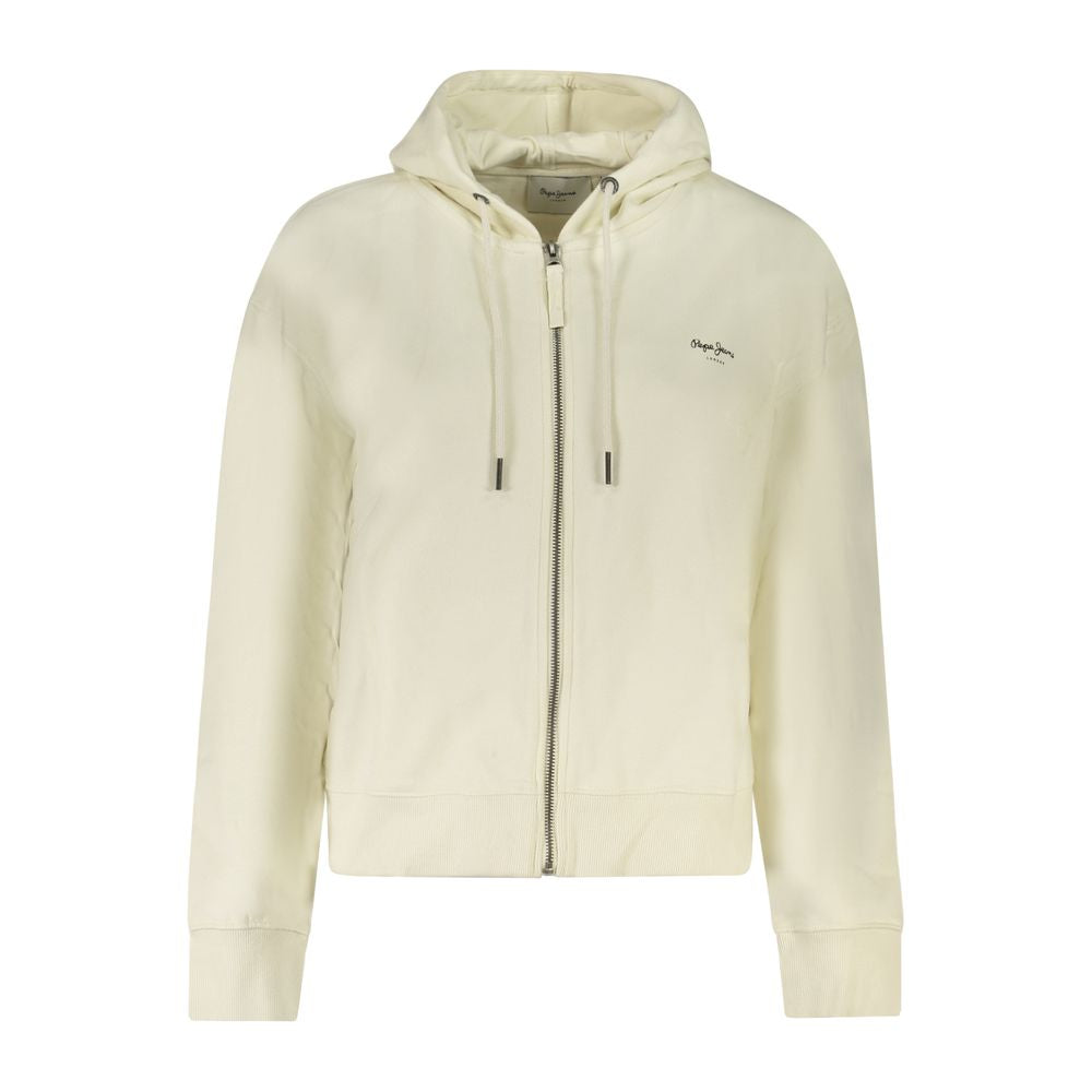 Pepe Jeans White Cotton Women Hoodie with zip-up style and logo, perfect for casual sophistication and eco-friendly comfort.