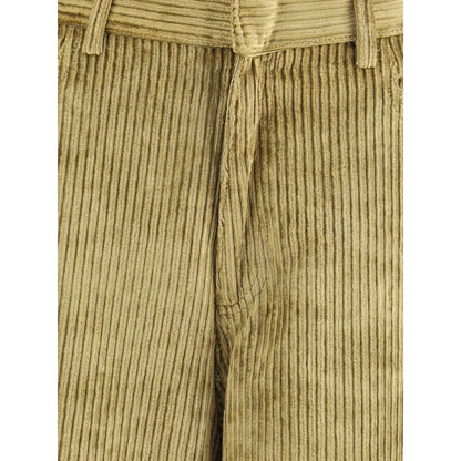 Close-up of Petar Petrov Gold Cotton Casual Pants highlighting corduroy texture and zipper detail.