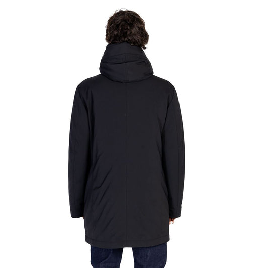 Rear view of Peuterey Black Polyester Jackets & Coat with adjustable hood and modern design.
