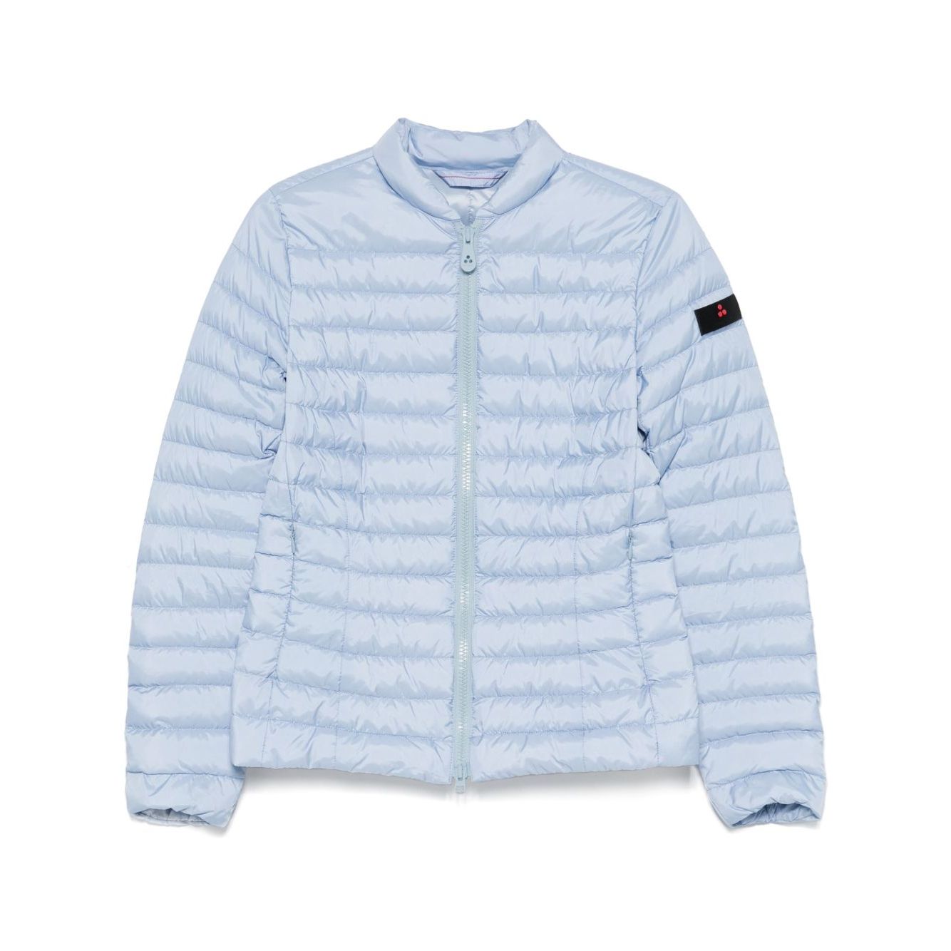 Peuterey Coats Clear Blue quilted nylon jacket with two-way zip and side pockets, logo patch on sleeve.