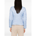 Back view of Peuterey Coats Clear Blue quilted jacket with sky blue color, two-way zip, and logo patch on sleeve. Size 40 IT.