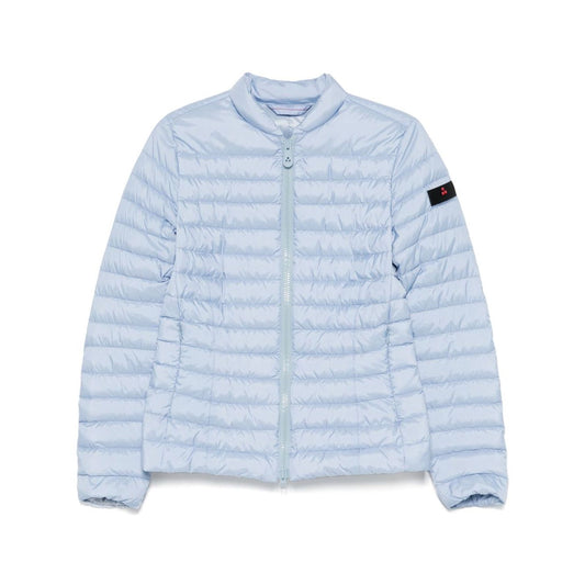 Peuterey Coats Clear Blue quilted nylon jacket with two-way zip and side pockets, logo patch on sleeve.