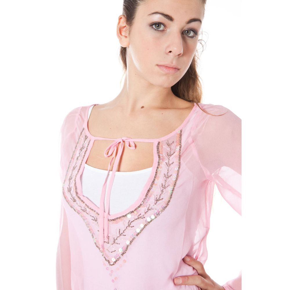 Phard Pink Silk Women Top with sequins and V-neck, showcasing Italian craftsmanship, worn by a model. Long sleeve casual elegant style.