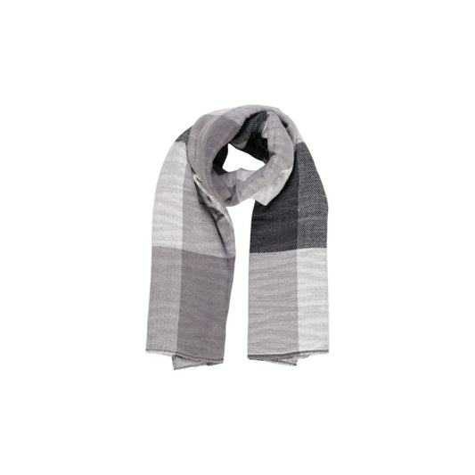Pieces Black Recycled Polyester Scarf in gray and black plaid design, eco-friendly fashion accessory ideal for cooler weather.