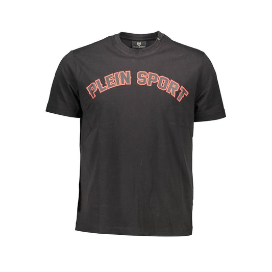 Plein Sport Black Cotton Men T-Shirt featuring bold red logo print on front, short sleeves, and crew neck design for edgy streetwear style.