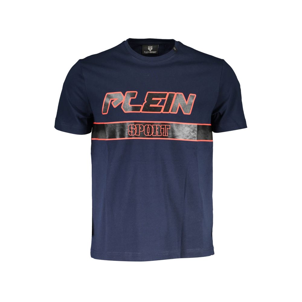 Plein Sport Blue Cotton Men T-Shirt with logo and crew neck design, showcasing sporty luxury style for modern casual wear.