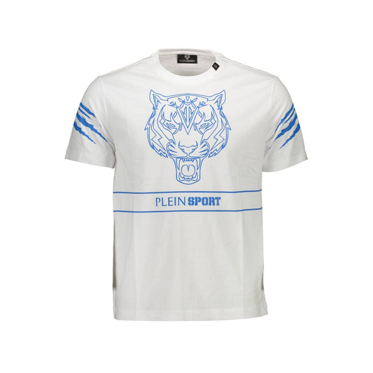 Plein Sport White Cotton Men T-Shirt featuring bold blue tiger graphic and logo, ideal for trendsetters seeking athletic opulence.
