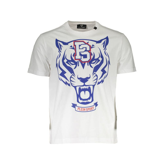 Plein Sport White Cotton Mens TShirt featuring bold tiger print and logo.