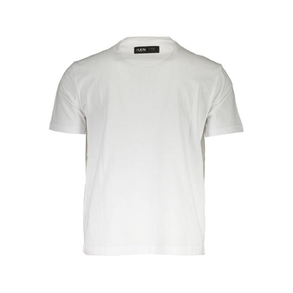 Plein Sport White Cotton Mens TShirt with bold print and logo, short sleeve, stylish apparel for confident individuals.