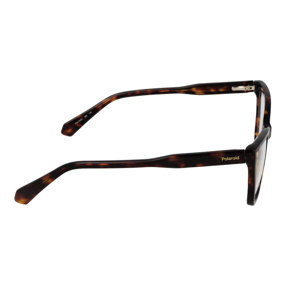 Side view of Polaroid Brown Women Glasses Frame in eco acetate with brown full-rim cat eye design, featuring spring hinge for comfort.