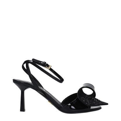 Prada Black Leather Stiletto Heel Sandals with buckle closure and side detail, open toe, and mid heel height of 7.5 cm.