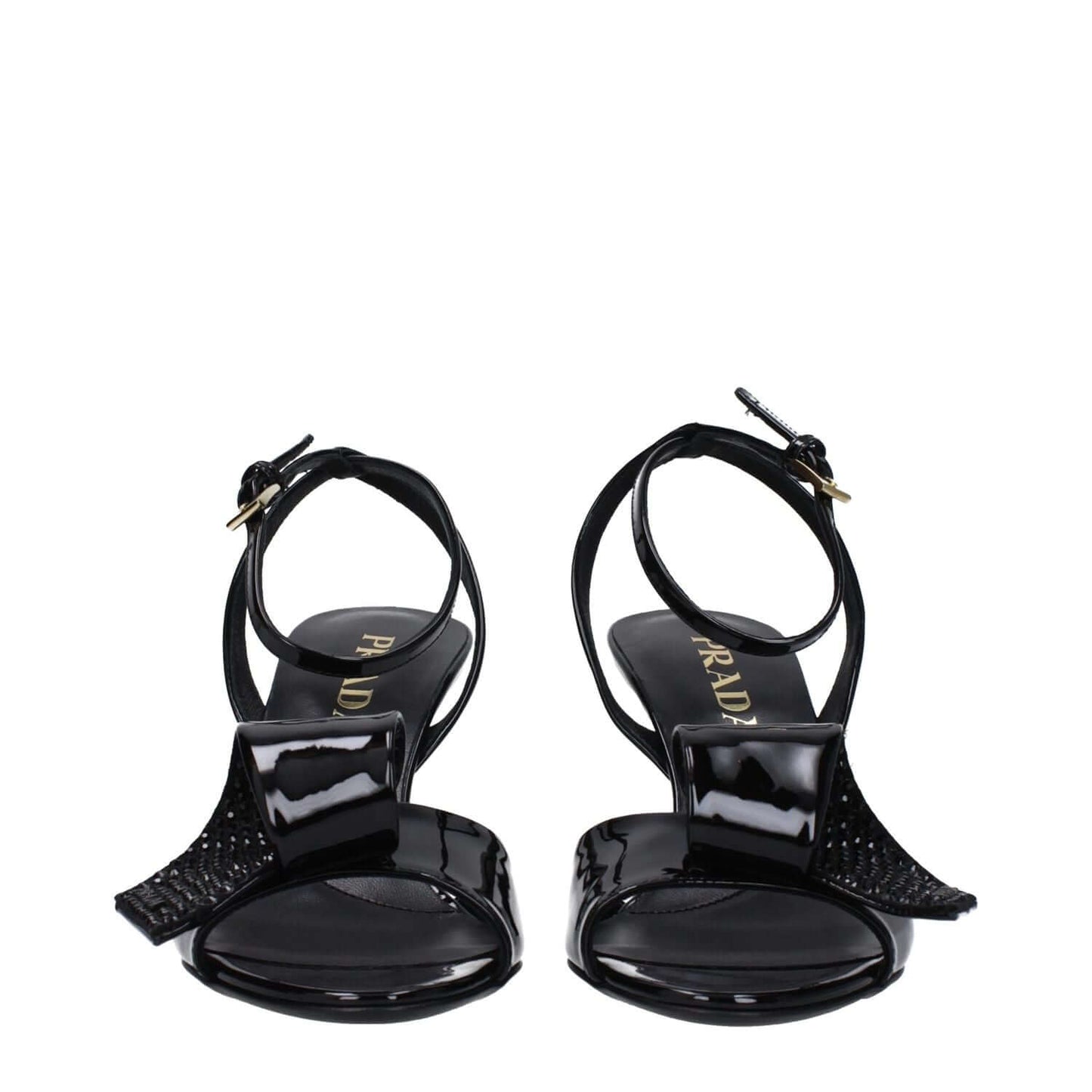 Prada Black Leather Stiletto Heel Sandals with buckle closure and open toe, featuring patent leather and mid heels, style MPN 1X347N3LOCF075F0002.