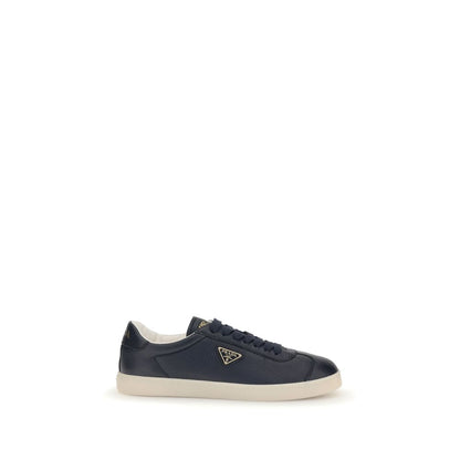 Prada Blue Calf Leather Bos Taurus Low Top Sneakers with embossed logo and padded ankle for comfort.