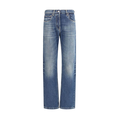 Prada Blue Cotton Straight-Leg Jeans with five-pocket design and logo patch on back, featuring regular fit and front zip closure for AW25.