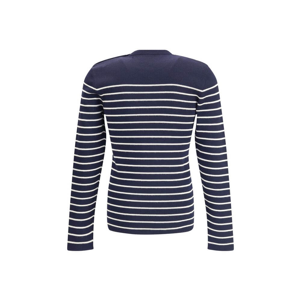 Back view of Prada Blue Fleece Wool Sweatshirt showing striped pattern and ribbed crew neck.