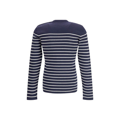 Back view of Prada Blue Fleece Wool Sweatshirt showing striped pattern and ribbed crew neck.