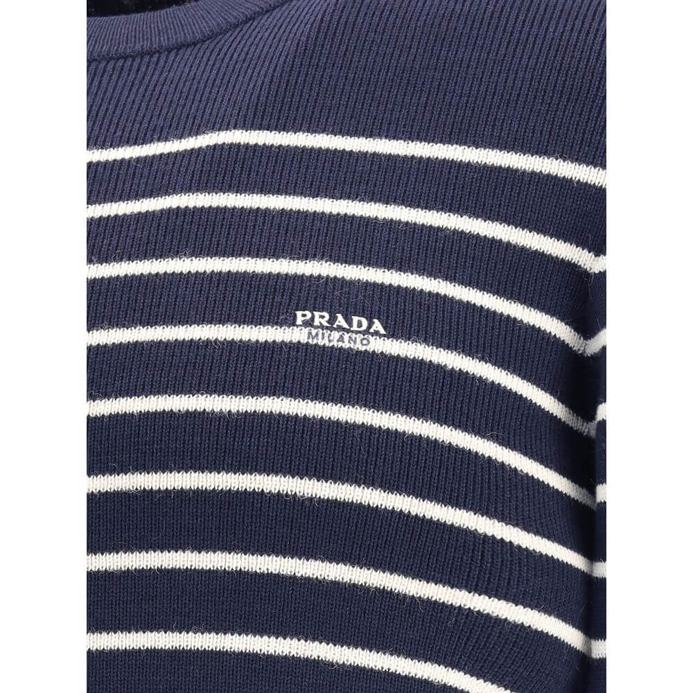 Prada Blue Fleece Wool Sweatshirt with ribbed crew neck and striped pattern featuring iconic jacquard signature, AW25, 100% Fleece Wool.