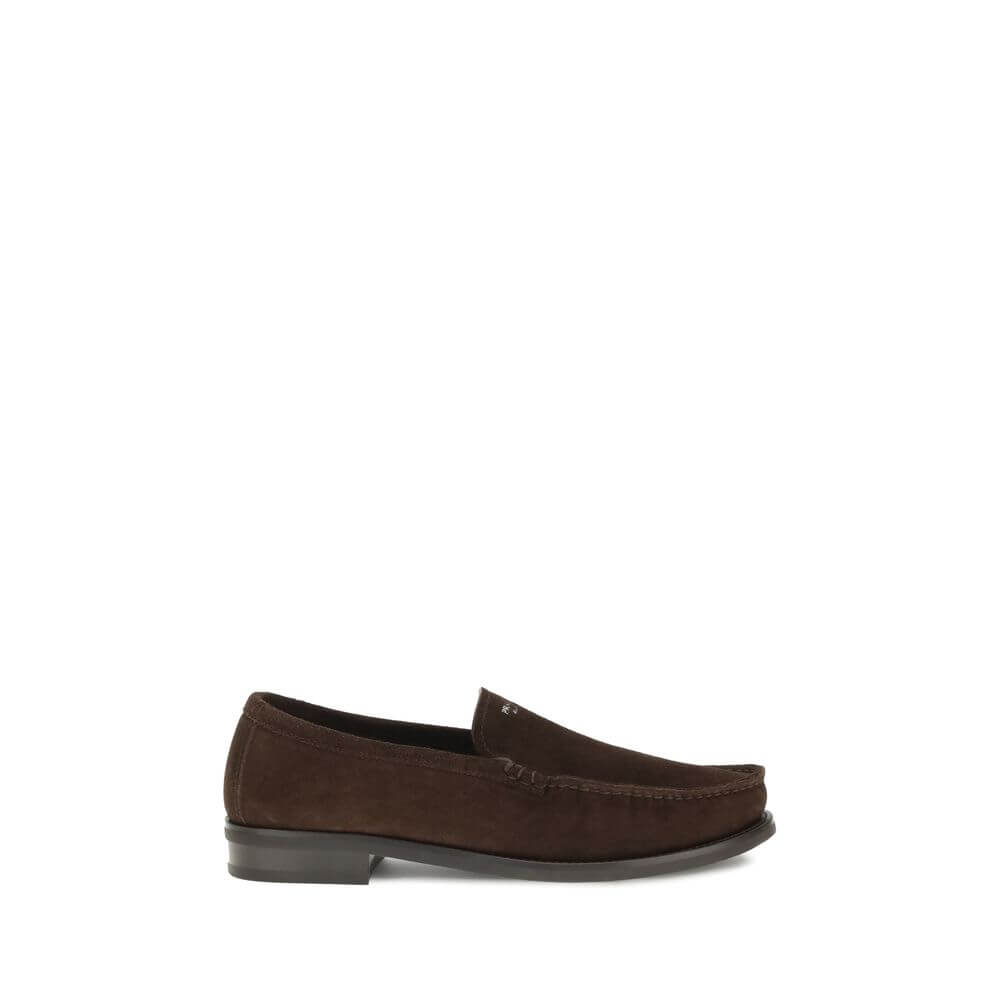 Prada Brown Calf Leather Bos Taurus Slip-On Loafers with suede finish and rubber sole for AW25 collection.