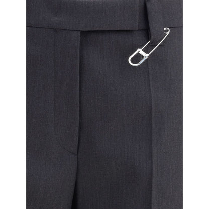 Close-up of Prada Gray Fleece Wool Dress Pants with safety pin detail, showcasing high waist and elegant design.