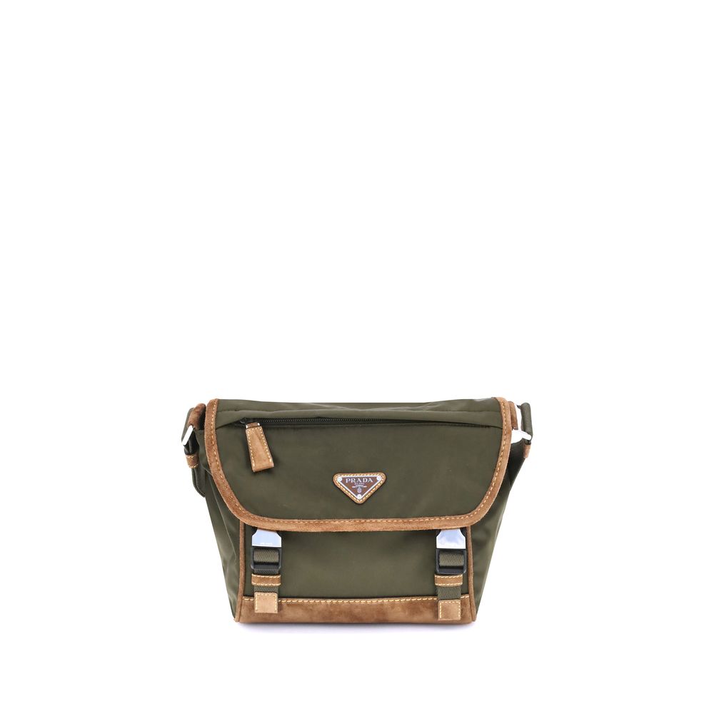Prada Green Recycled Polyamide Shoulder Bag with adjustable strap and iconic enameled metal logo, featuring multiple pockets.