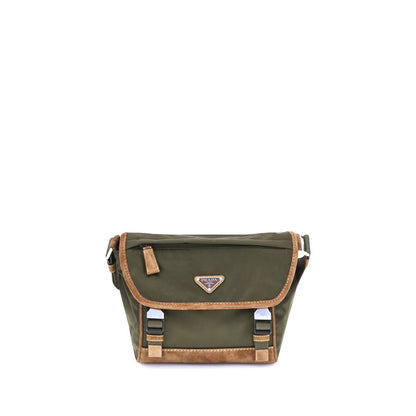 Prada Green Recycled Polyamide Shoulder Bag with adjustable strap and iconic enameled metal logo, featuring multiple pockets.