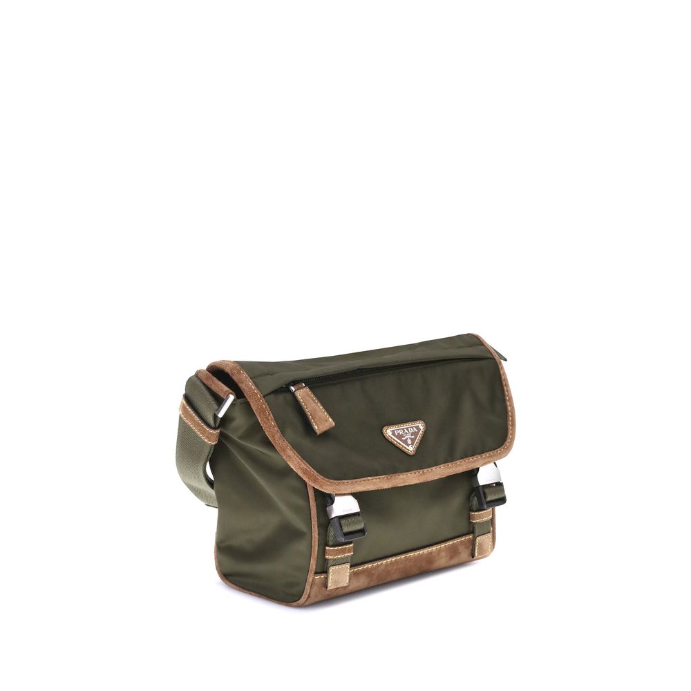 Prada Green Recycled Polyamide Shoulder Bag with adjustable ribbon strap and iconic triangle logo, featuring exterior and interior pockets.