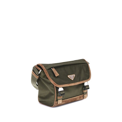 Prada Green Recycled Polyamide Shoulder Bag with adjustable ribbon strap and iconic triangle logo, featuring exterior and interior pockets.