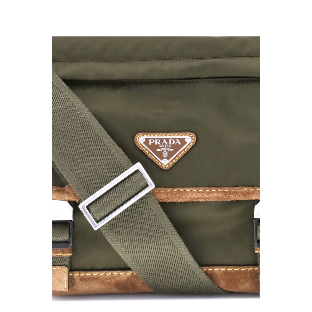 Prada Green Recycled Polyamide Shoulder Bag with adjustable strap and enameled metal triangle logo, offering style and functionality.