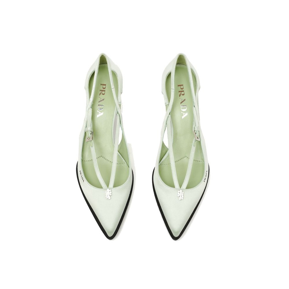 Prada Green Silk Mid Heel Pumps featuring pointed toe, jeweled ornament, and metal buckle closure, made of silk and leather, with a 5.5 cm heel.
