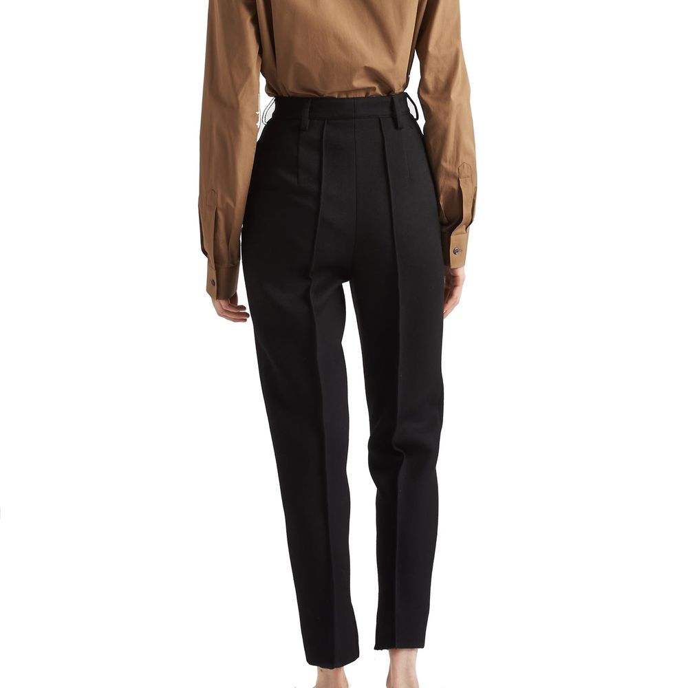 Prada Wool Pants for women shown from back, featuring 100% virgin wool, high waist, belt loops, and two side pockets.
