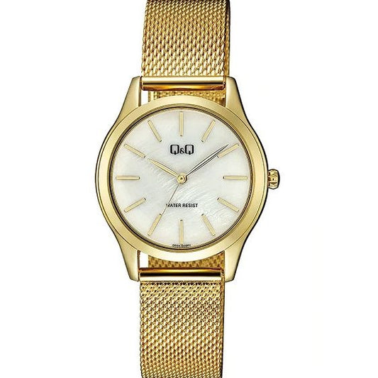 Q&Q Mod. LADY ONLY TIME gold wristwatch with mesh strap, water resistant 3 ATM, 33 mm metal case, quartz movement in official packaging.