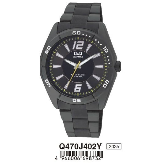 Q&Q Mod. GENT ONLY TIME wristwatch with a metal case and strap, 5 ATM water resistance, quartz movement, packaged in official box.