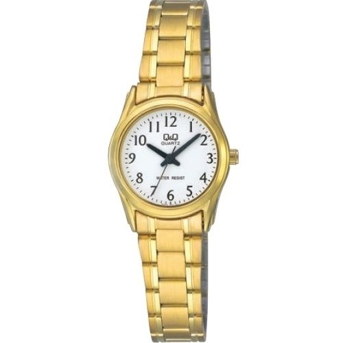 Q&Q Mod. LADY ONLY TIME wristwatch with gold SS IP strap, 5 ATM water resistance, 26mm metal case, quartz movement, mineral dial, official box.
