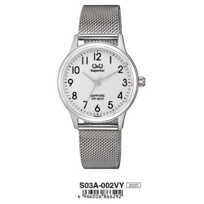 Q&Q SUPERIOR Mod. S03A-002VY lady's wristwatch, 36mm stainless steel case, mesh strap, sapphire dial, 5 ATM water resistant.