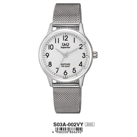 Q&Q SUPERIOR Mod. S03A-002VY lady's wristwatch, 36mm stainless steel case, mesh strap, sapphire dial, 5 ATM water resistant.