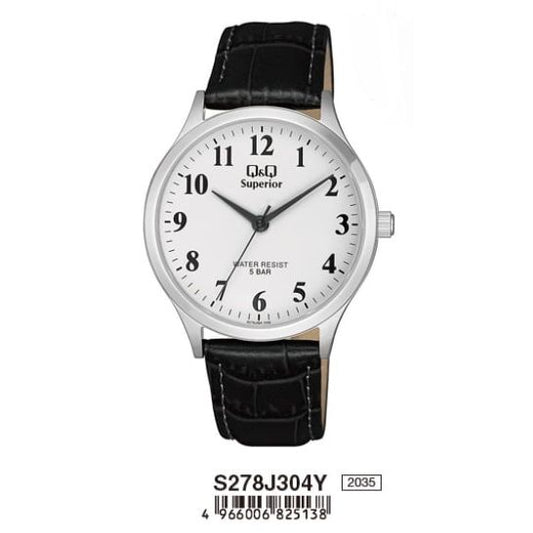 Q&Q SUPERIOR Mod. S278J304Y wristwatch with metal case and leather strap, water resistant 5 ATM, quartz movement, only time function.