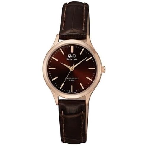 Q&Q SUPERIOR Mod. S279J102Y ladies' wristwatch with leather strap, SS IP gold case, sapphire dial, quartz movement, water-resistant 5 ATM.