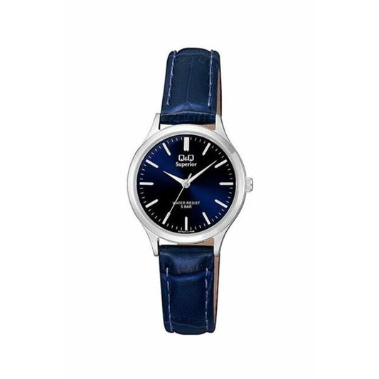 Q&Q SUPERIOR Mod. S279J312Y wristwatch with blue leather strap, stainless steel case, and sapphire dial, water resistant to 5 ATM.