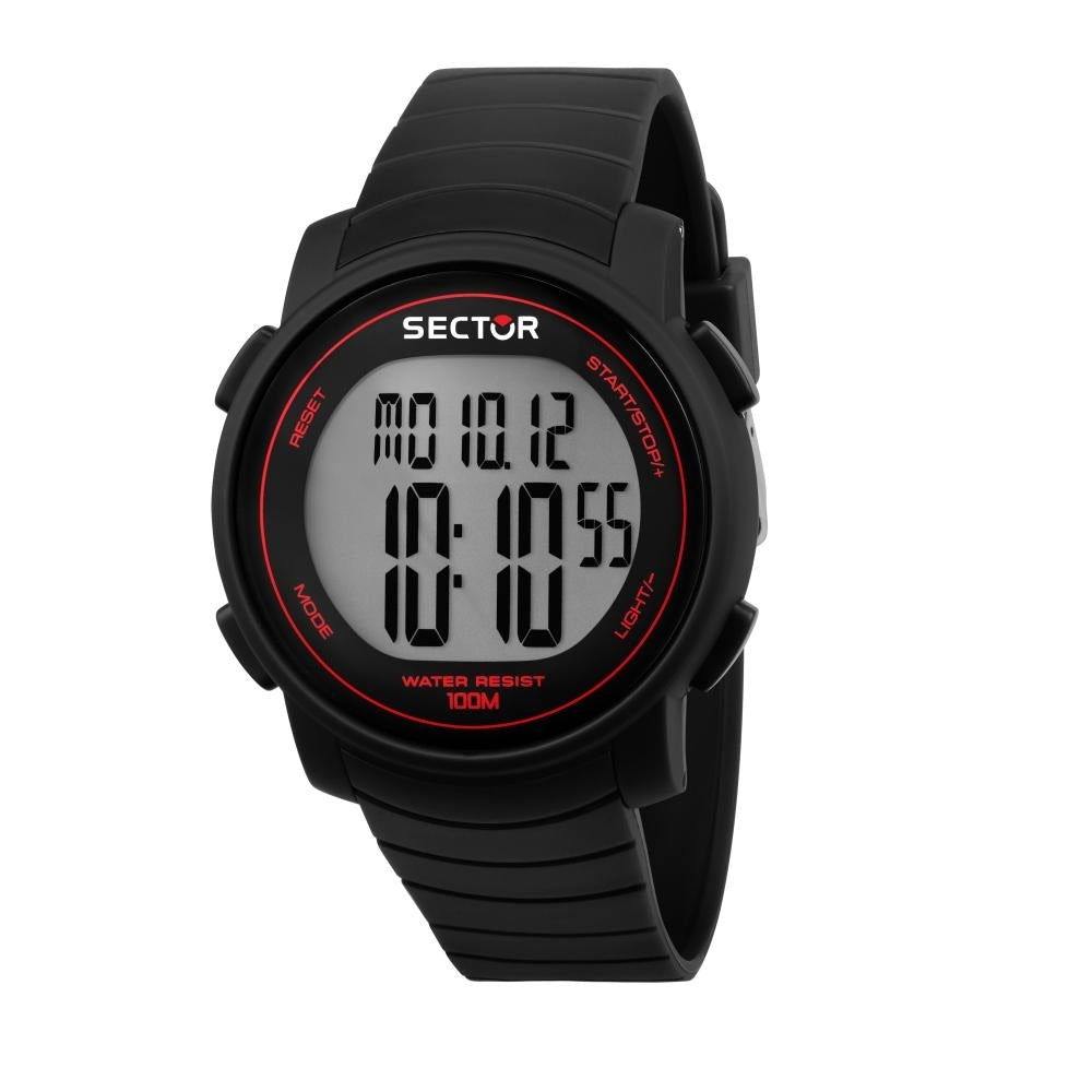 SECTOR Mod. EX-31 digital watch with black and red design, featuring water resistance up to 100 meters and digital display.