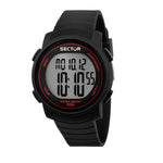 SECTOR Mod. EX-31 digital watch with black and red design, featuring water resistance up to 100 meters and digital display.