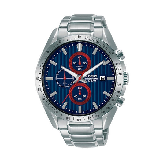 LORUS Mod. SPORTS wristwatch with stainless steel case and strap, quartz movement chronograph, tachymeter, and mineral dial, 10 ATM water resistance.
