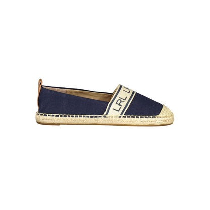 Ralph Lauren Blue Polyester Women Flat Shoe, elegant blue espadrille with beige trim and logo.