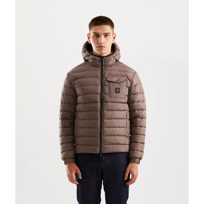 Refrigiwear Beige Nylon Men Jacket with hood, zip closure, and pockets, perfect for urban style and warmth in cold weather.