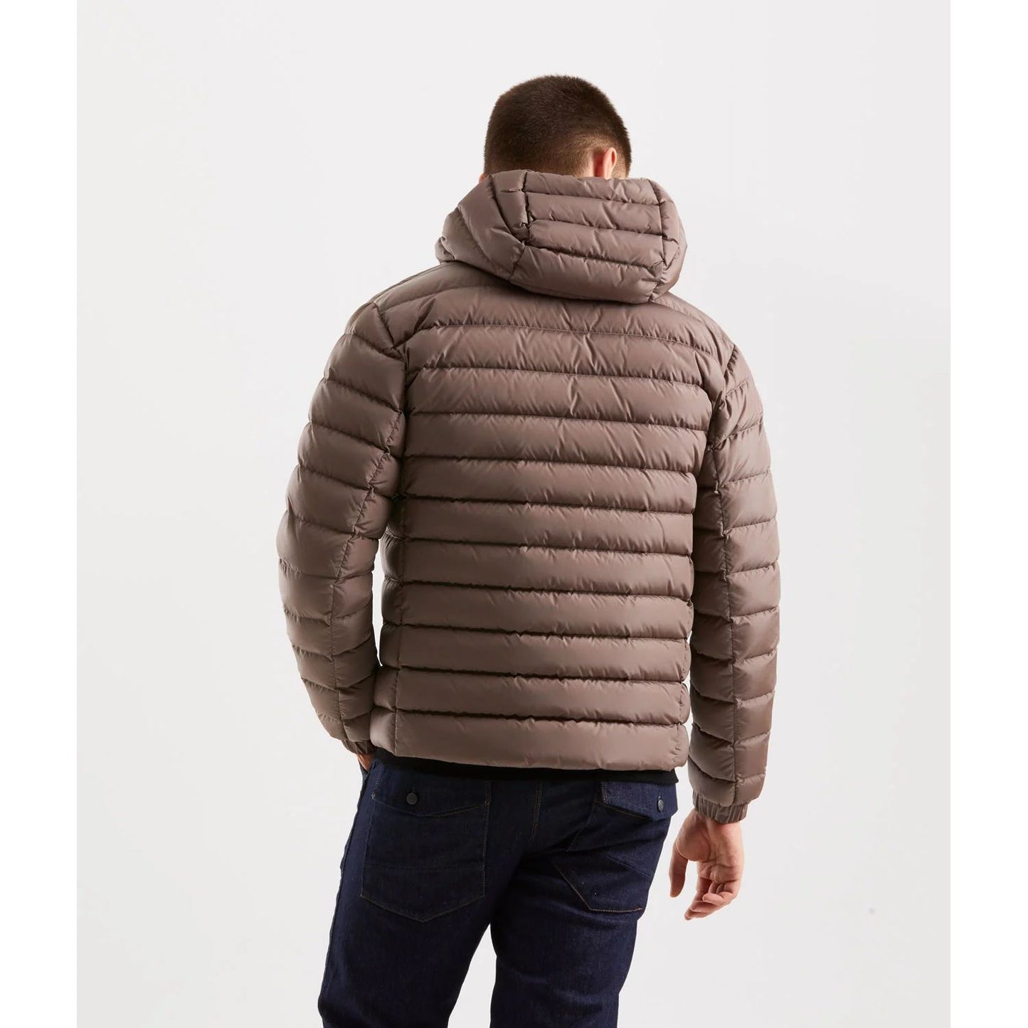 Refrigiwear Beige Nylon Men Jacket back view showcasing hood and sleek design, ideal for urban sophistication and warmth.