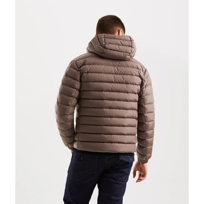 Refrigiwear Beige Nylon Men Jacket back view showcasing hood and sleek design, ideal for urban sophistication and warmth.